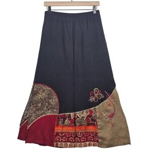 Koret Womens Black Patchwork Maxi Skirt Boho Animal Print Floral Embroidered M